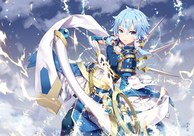 Anime Character with Sword — Blue, Dramatic, Digital Art, Armor, Lightning