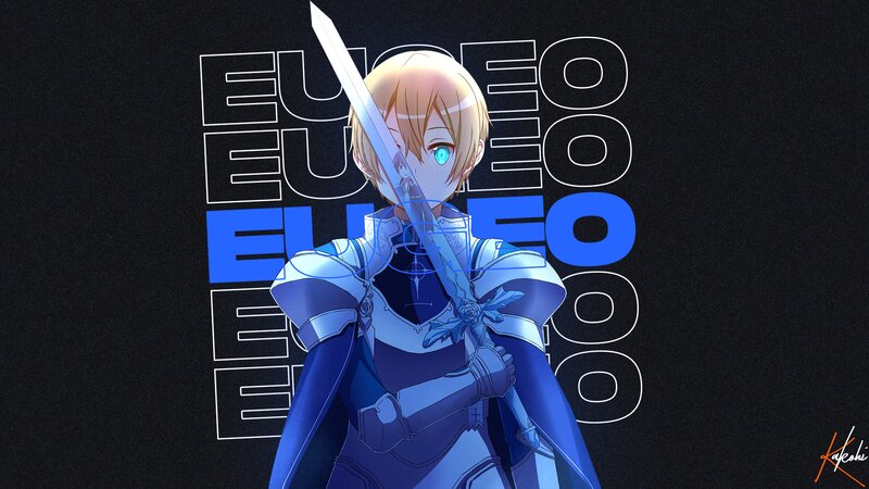 Anime Character with Sword — Blue, Dramatic, Digital Art, Armor, Text