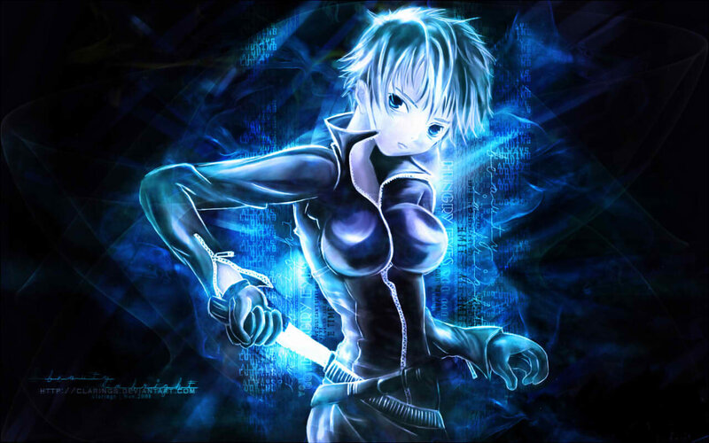Anime Character with Sword — Blue, Dramatic, Digital Art, Blue Light, Digital Code