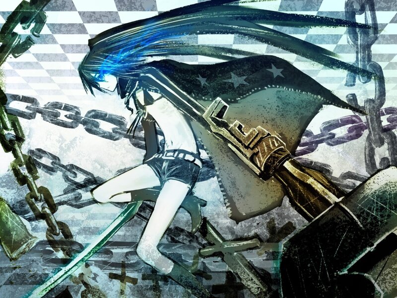 Anime Character with Sword — Blue, Dramatic, Digital Art, Chains