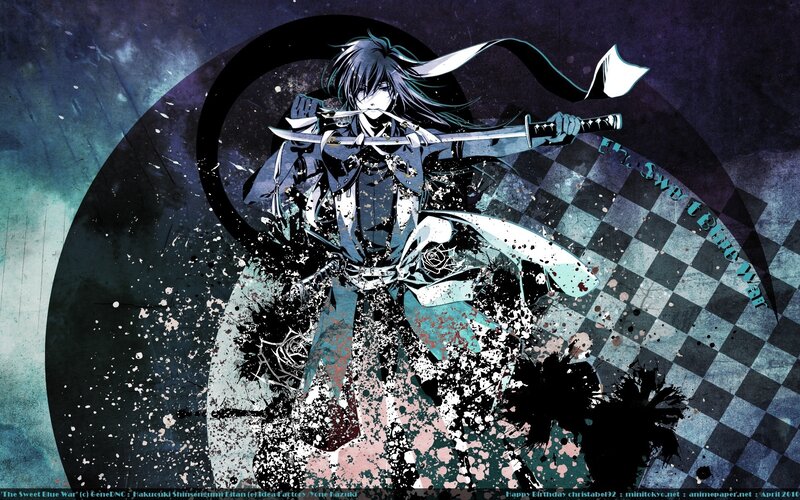 Anime Character with Sword — Blue, Dramatic, Digital Art, Checkered Pattern