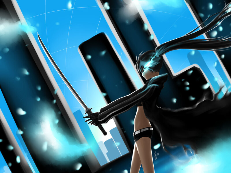 Anime Character with Sword — Blue, Dramatic, Digital Art, Cityscape