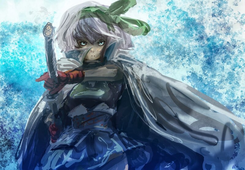Anime Character with Sword — Blue, Dramatic, Digital Art, Cloak