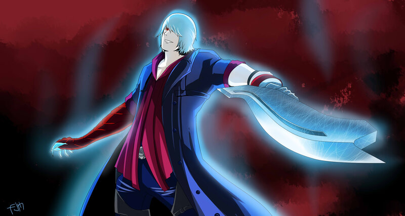 Anime Character with Sword — Blue, Dramatic, Digital Art, Coat