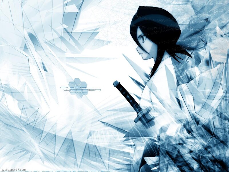Anime Character with Sword — Blue, Dramatic, Digital Art, Crystal Background