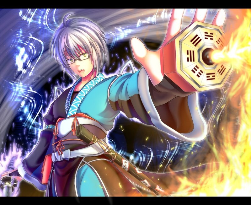 Anime Character with Sword — Blue, Dramatic, Digital Art, Fire