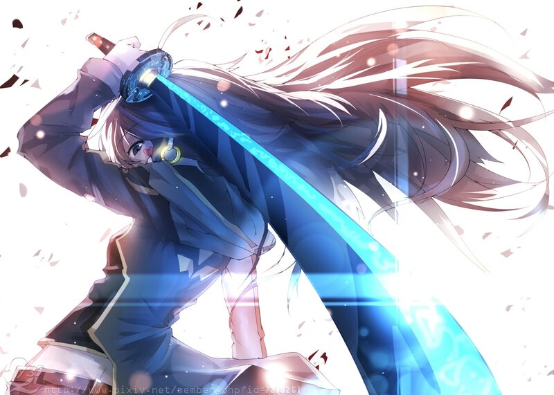 Anime Character with Sword — Blue, Dramatic, Digital Art, Long Hair