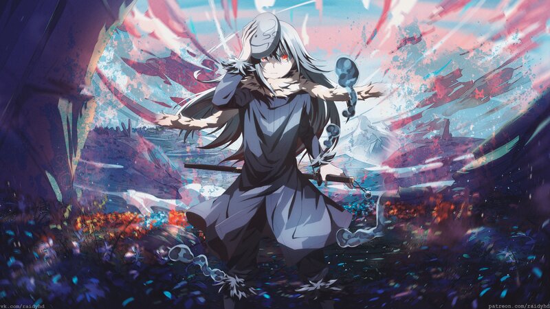 Anime Character with Sword — Blue, Dramatic, Digital Art, Mask, Chains