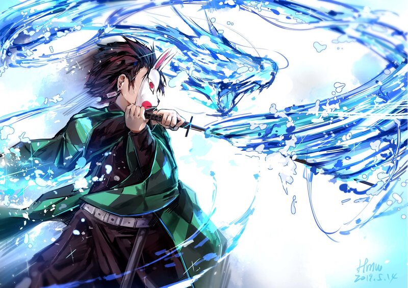 Anime Character with Sword — Blue, Dramatic, Digital Art, Mask, Dragon