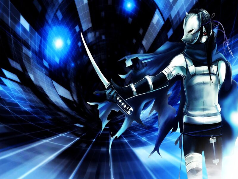 Anime Character with Sword — Blue, Dramatic, Digital Art, Mask