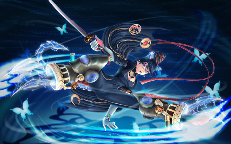 Anime Character with Sword — Blue, Dramatic, Digital Art, Mechanical Arm
