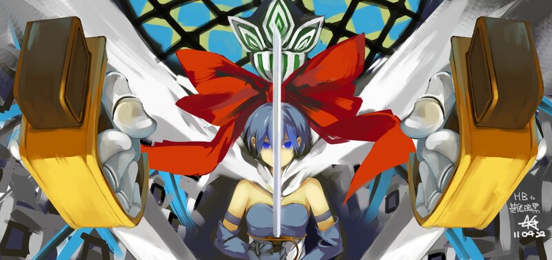 Anime Character with Sword — Blue, Dramatic, Digital Art, Red Bow