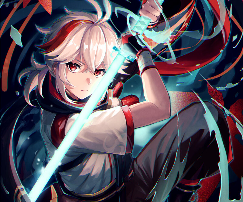 Anime Character with Sword — Blue, Dramatic, Digital Art, Red Scarf
