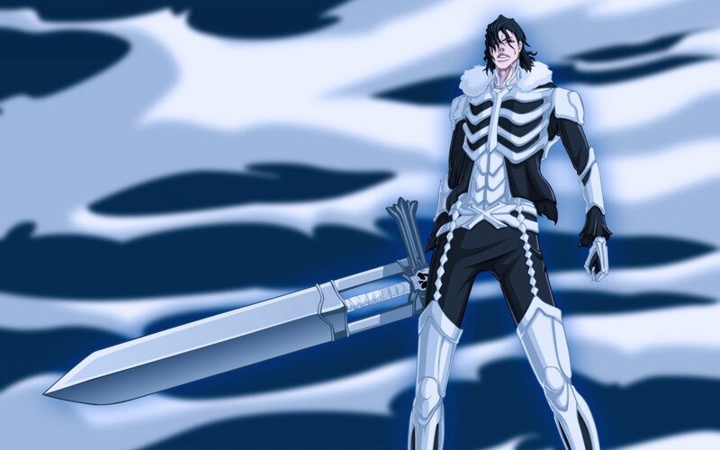 Anime Character with Sword — Blue, Dramatic, Digital Art, Skeleton Armor