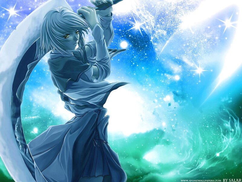 Anime Character with Sword — Blue, Dramatic, Digital Art, Stars