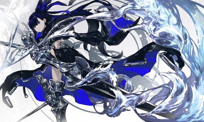 Anime Character with Sword — Blue, Dramatic, Digital Art, Water
