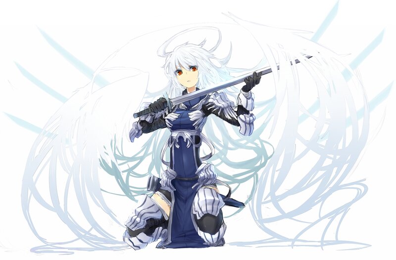 Anime Character with Sword — Blue, Dramatic, Digital Art, White Hair