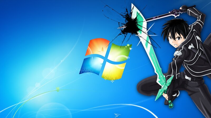 Anime Character with Sword — Blue, Dramatic, Digital Art, Windows Logo