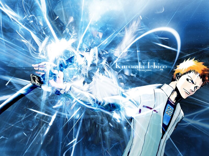 Anime Character with Sword — Blue, Dramatic, Energy Blast, White Coat, White