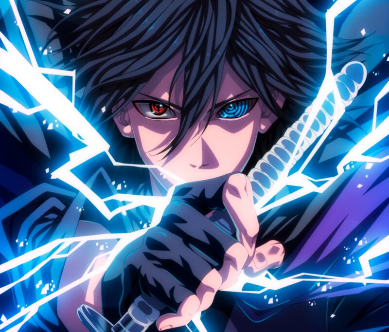 Anime Character with Sword — Blue, Dramatic, Eyes