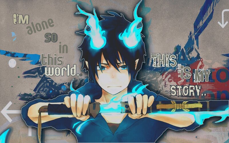 Anime Character with Sword — Blue, Dramatic, Flames