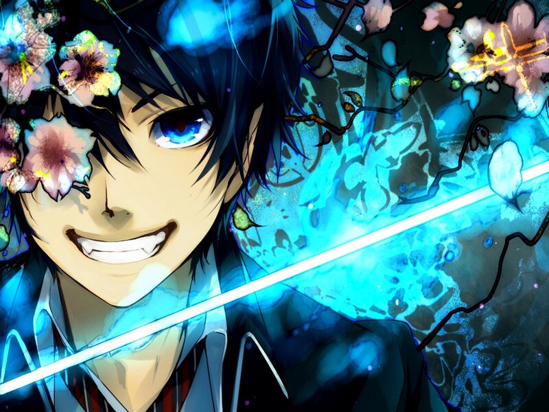 Anime Character with Sword — Blue, Dramatic, Flowers