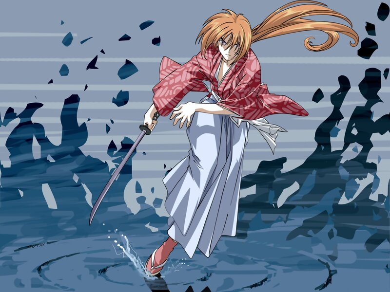 Anime Character with Sword — Blue, Dramatic, Kimono, Water