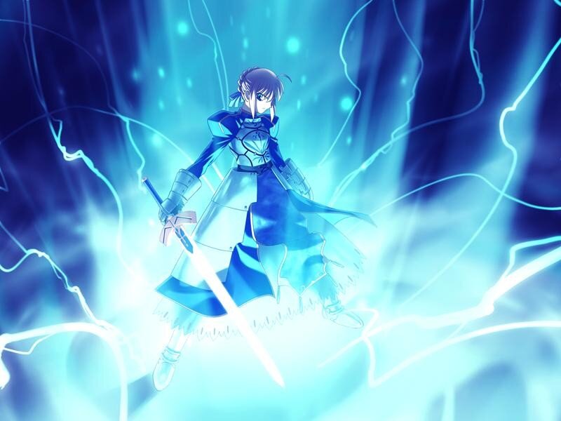 Anime Character with Sword — Blue, Dramatic, Lightning, Armor