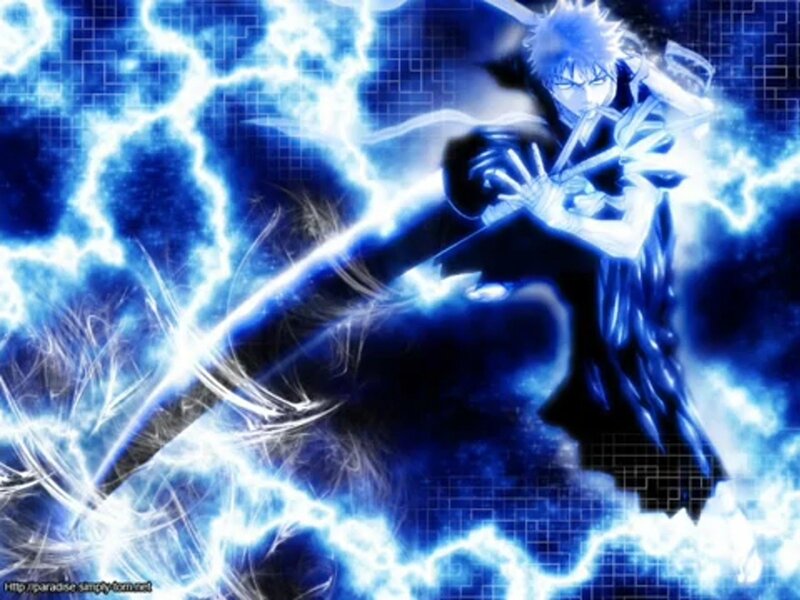 Anime Character with Sword — Blue, Dramatic, Lightning
