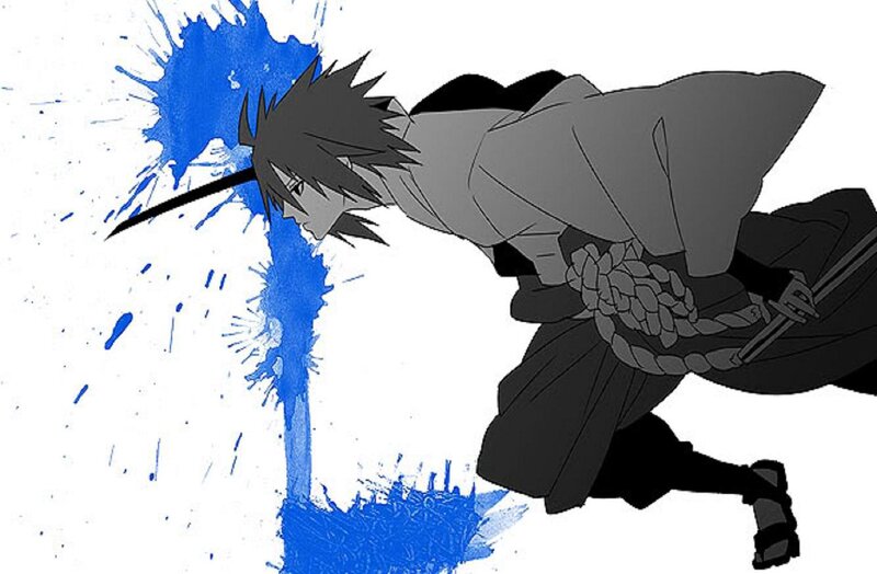 Anime Character with Sword — Blue, Dramatic, Manga, Blue Splatter