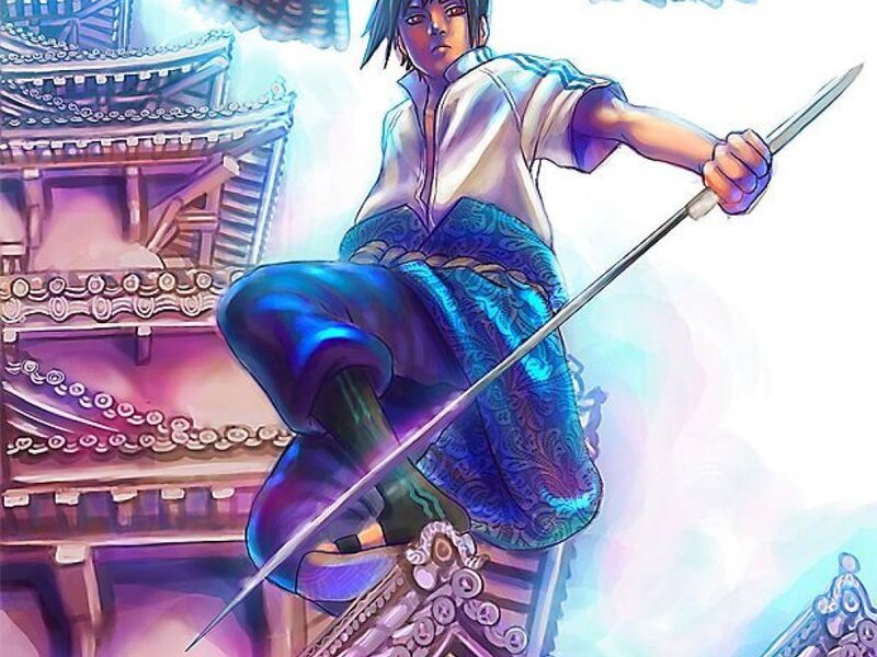 Anime Character with Sword — Blue, Dramatic, Manga, Building