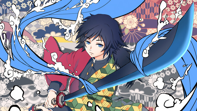 Anime Character with Sword — Blue, Dramatic, Manga, Cloak, Flame Pattern