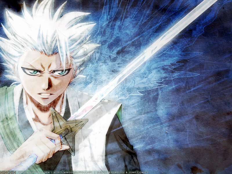 Anime Character with Sword — Blue, Dramatic, Manga, Spiky Hair, Green Eyes