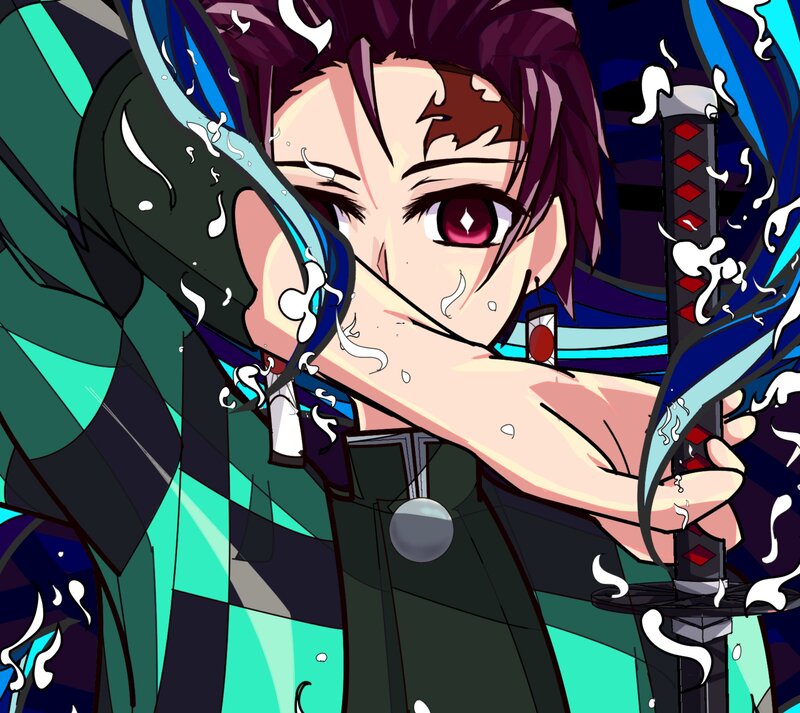 Anime Character with Sword — Blue, Dramatic, Manga, Water Effects