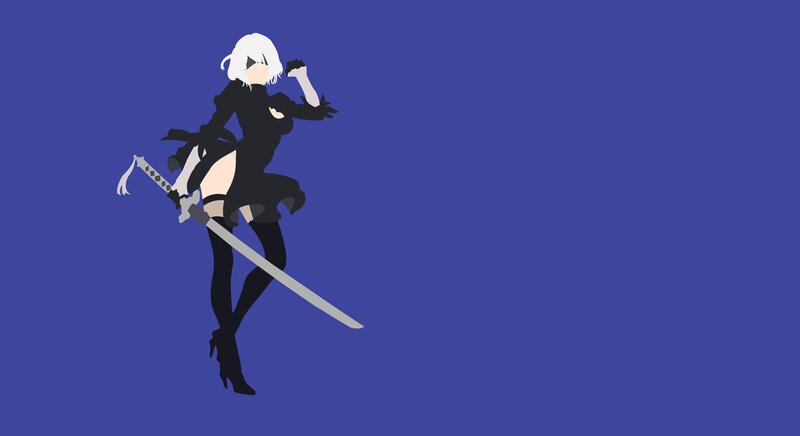Anime Character with Sword — Blue, Dramatic, Minimalist, White Hair