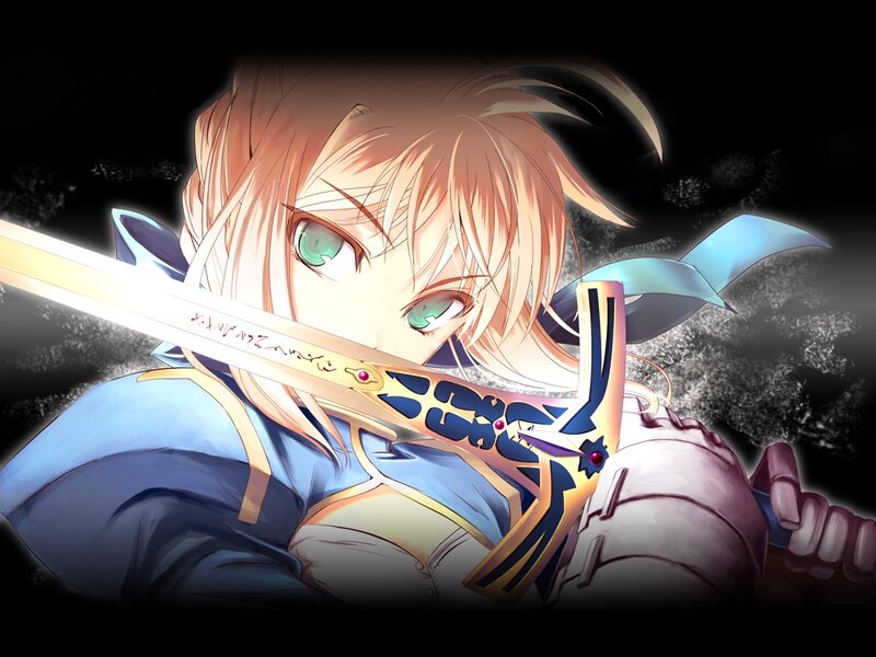Anime Character with Sword — Blue, Dramatic, Night, Armor, Green Eyes