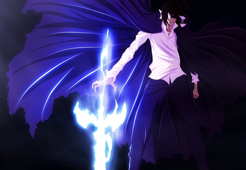 Anime Character with Sword — Blue, Dramatic, Night, Cape, Energy