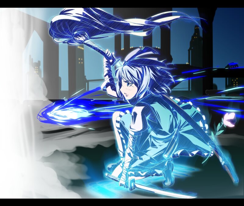 Anime Character with Sword — Blue, Dramatic, Night, Cityscape, Blue Energy