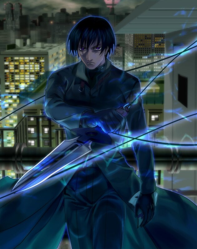 Anime Character with Sword — Blue, Dramatic, Night, Cityscape, Electricity