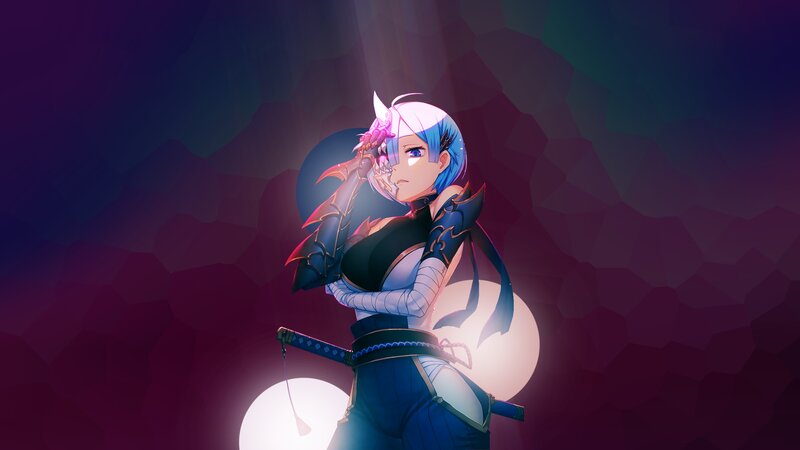 Anime Character with Sword — Blue, Dramatic, Night, Digital Art, Armor, Light