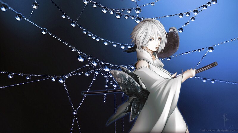 Anime Character with Sword — Blue, Dramatic, Night, Digital Art, Bird