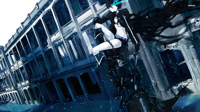 Anime Character with Sword — Blue, Dramatic, Night, Digital Art, Building