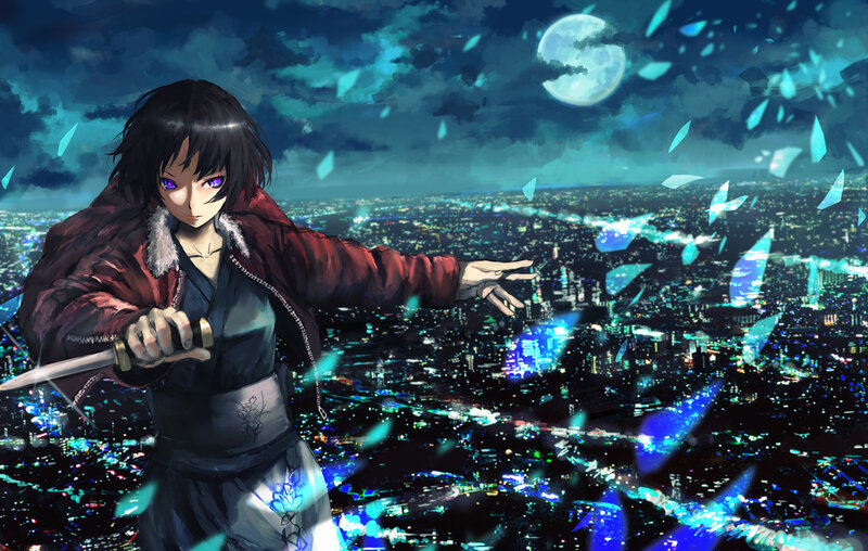 Anime Character with Sword — Blue, Dramatic, Night, Digital Art, Cityscape, Moon