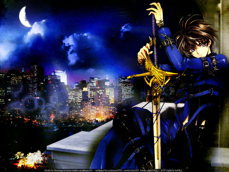 Anime Character with Sword — Blue, Dramatic, Night, Digital Art, Cityscape