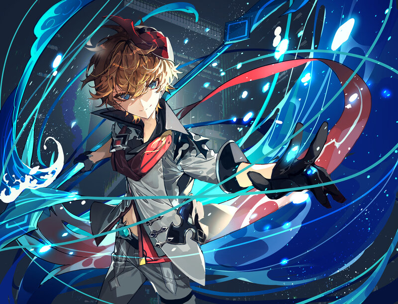 Anime Character with Sword — Blue, Dramatic, Night, Digital Art, Energy Effects