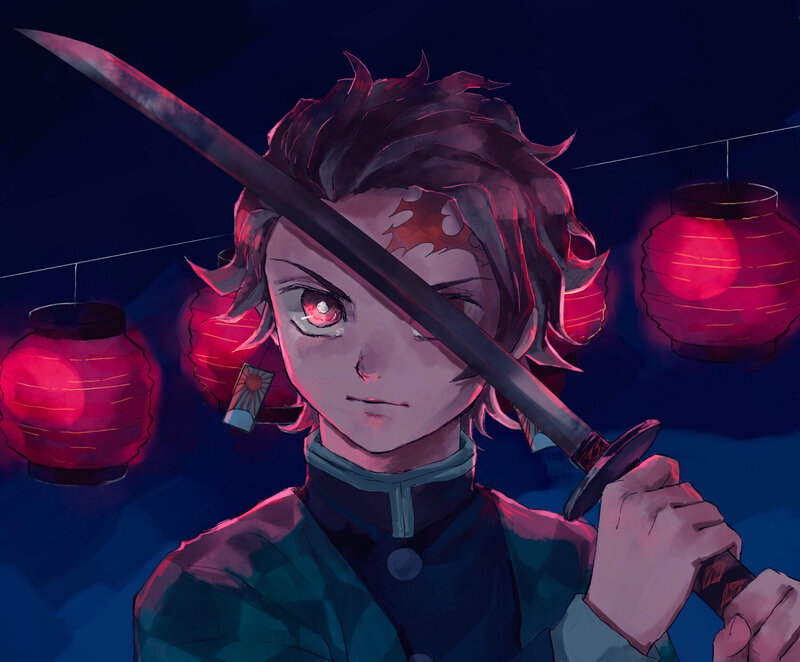 Anime Character with Sword — Blue, Dramatic, Night, Digital Art, Lanterns