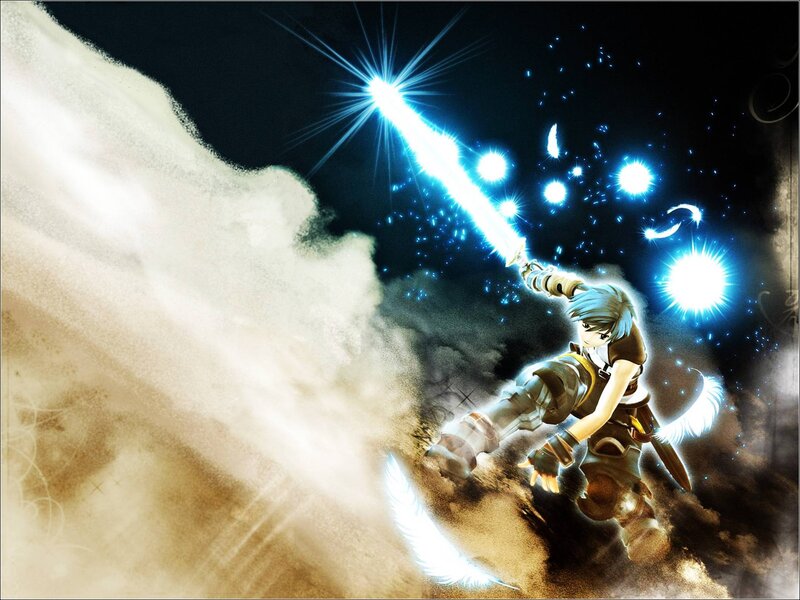 Anime Character with Sword — Blue, Dramatic, Night, Digital Art, Light Beam