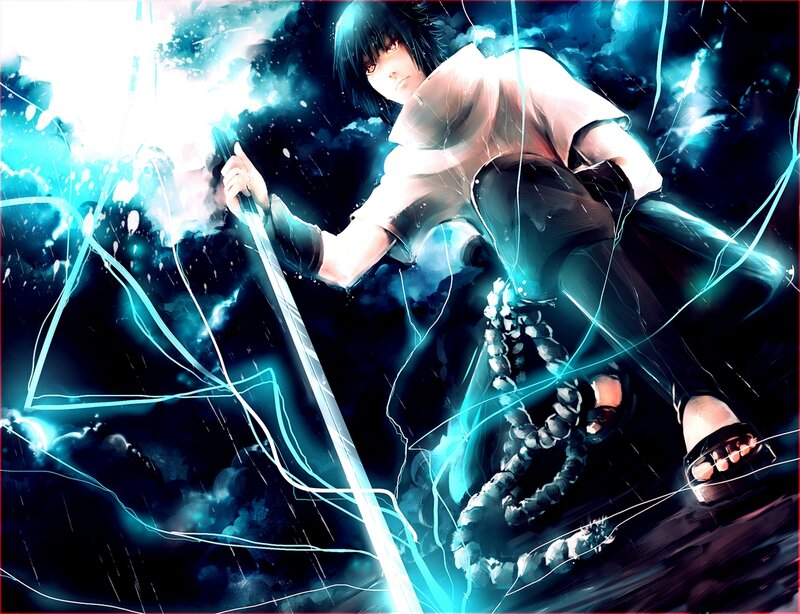 Anime Character with Sword — Blue, Dramatic, Night, Digital Art, Lightning, Dark Clouds