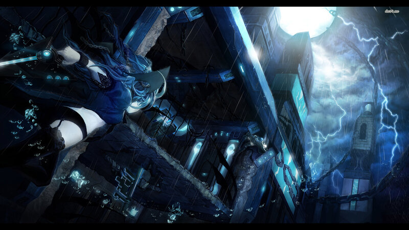 Anime Character with Sword — Blue, Dramatic, Night, Digital Art, Lightning, Rain