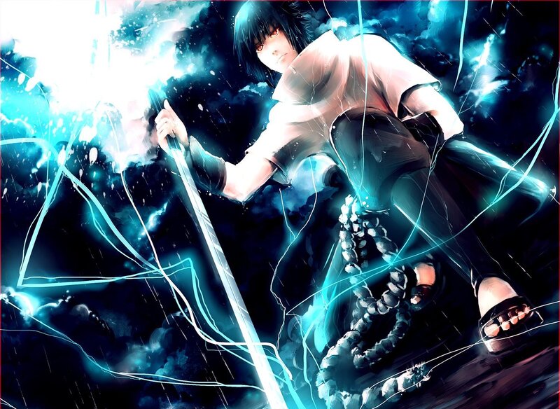 Anime Character with Sword — Blue, Dramatic, Night, Digital Art, Lightning